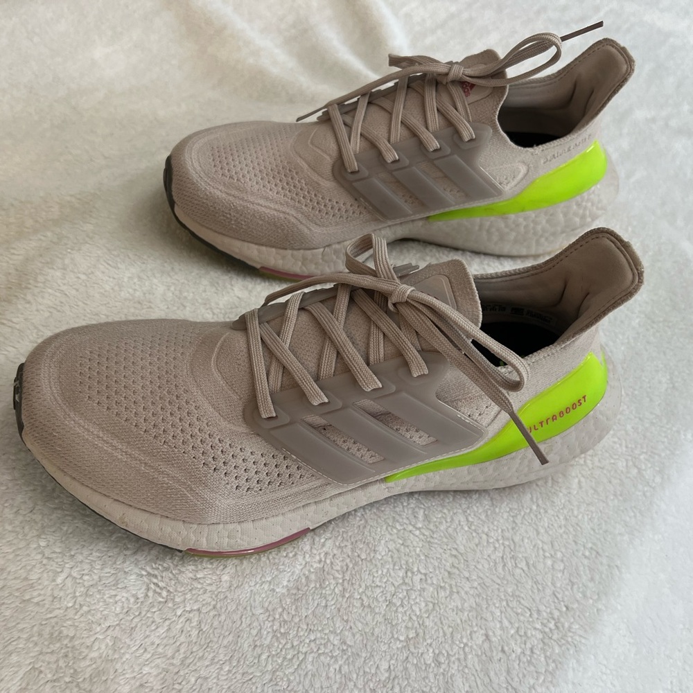 Adidas Men's Beige and Neon Green Ultraboost Shoes